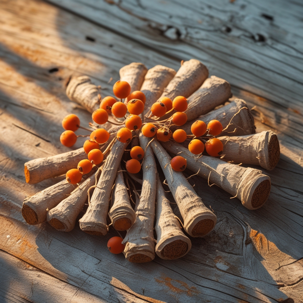 Close-up of ashwagandha plant root system with dried orange-red berries and pale grey-brown textured roots laid on a weathered wooden surface, warm amber sidelight casting long shadows